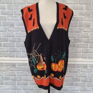 Vintage 90s Lauren Hansen Embroidered Halloween Vest Pumpkins Bats Ghost 3X
